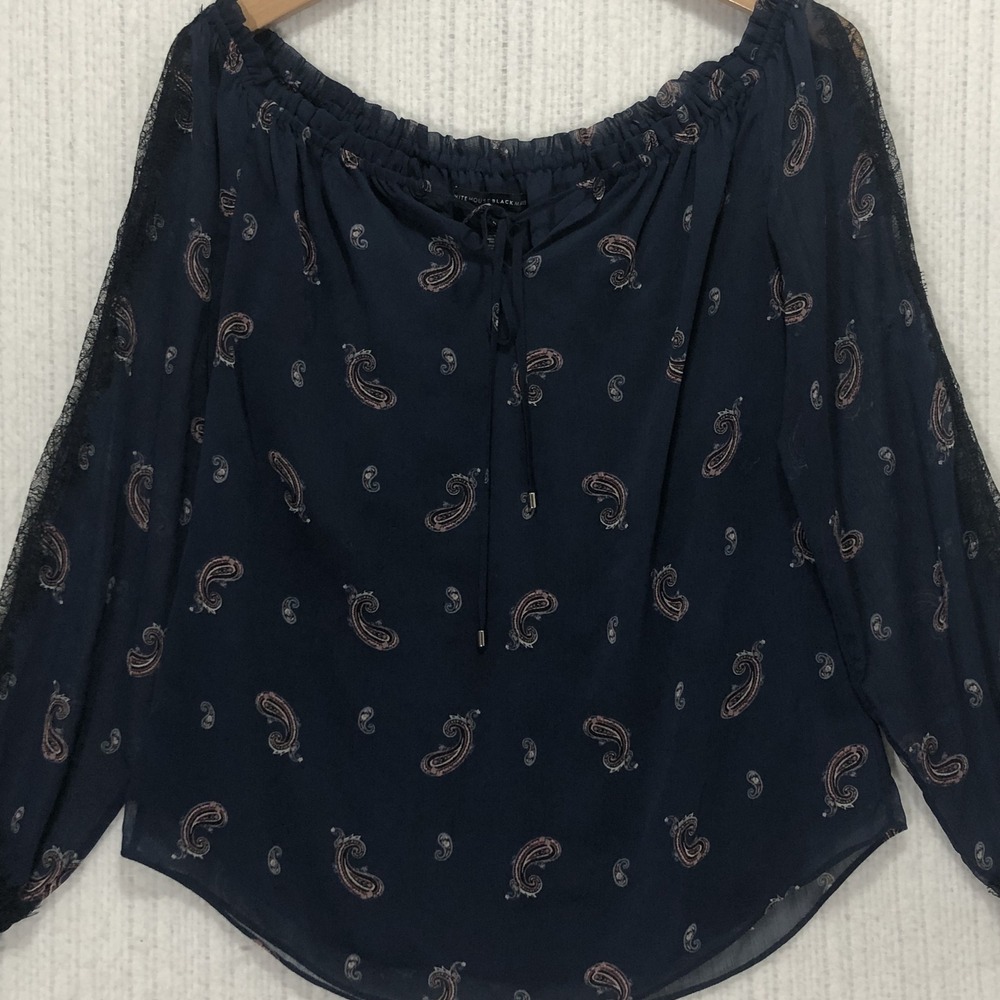 White House Black Market Navy Paisley Lace Trim Off Shoulder Blouse Small